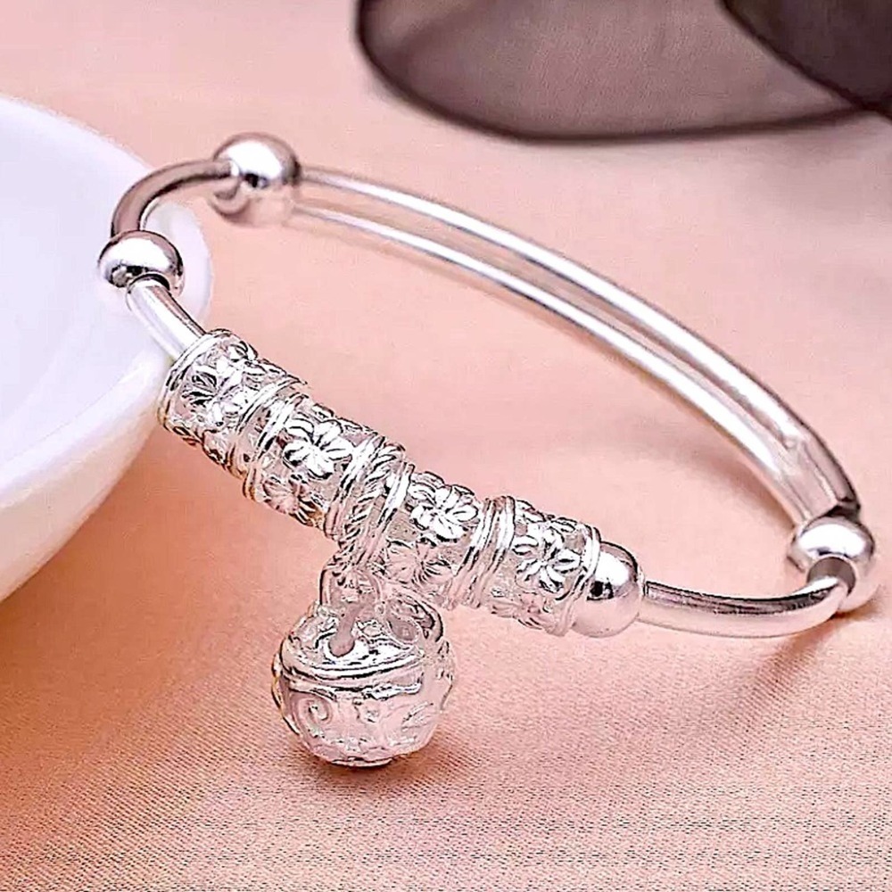 Boho Sterling Silver Resizable Ball Charm Bangle Bracelet